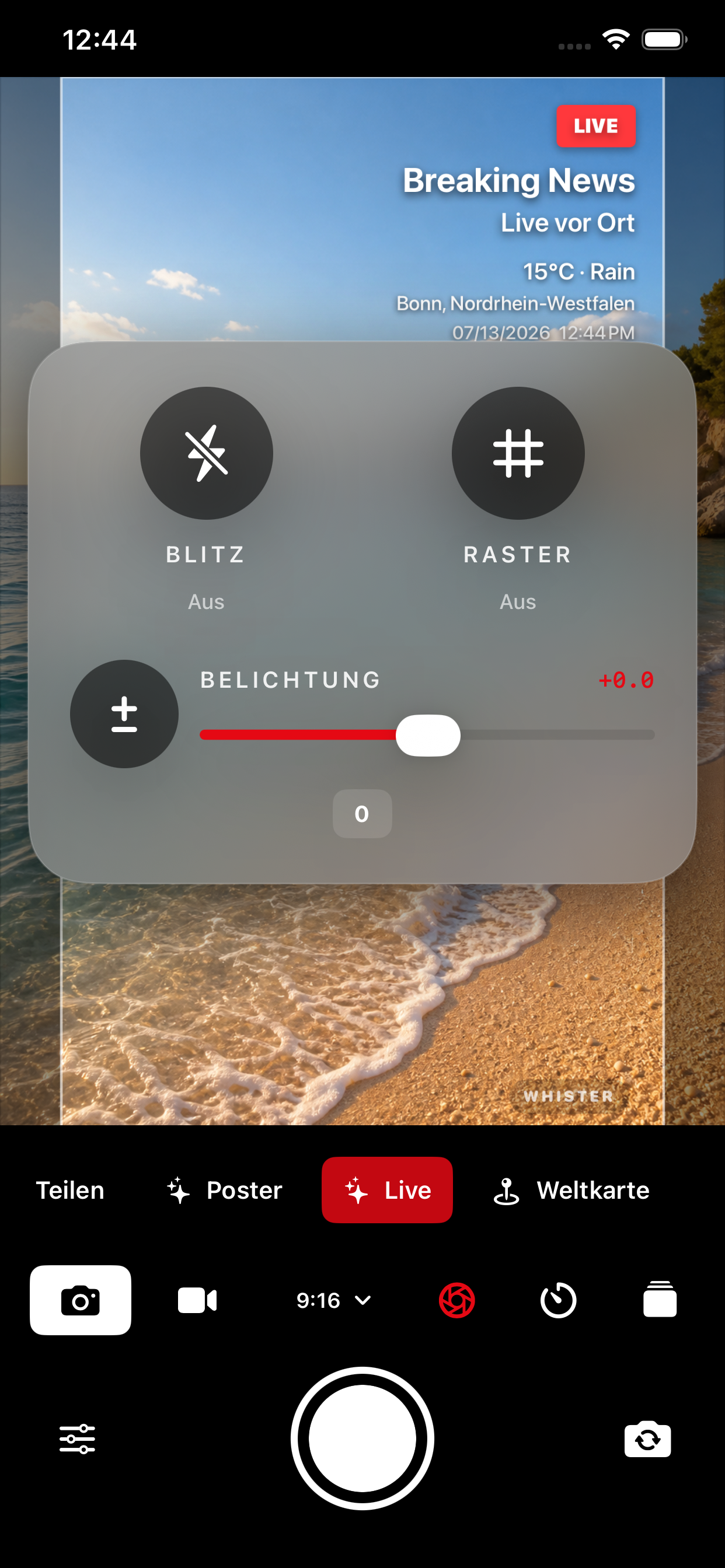 Kameramenü mit Blitz, Raster und Belichtung